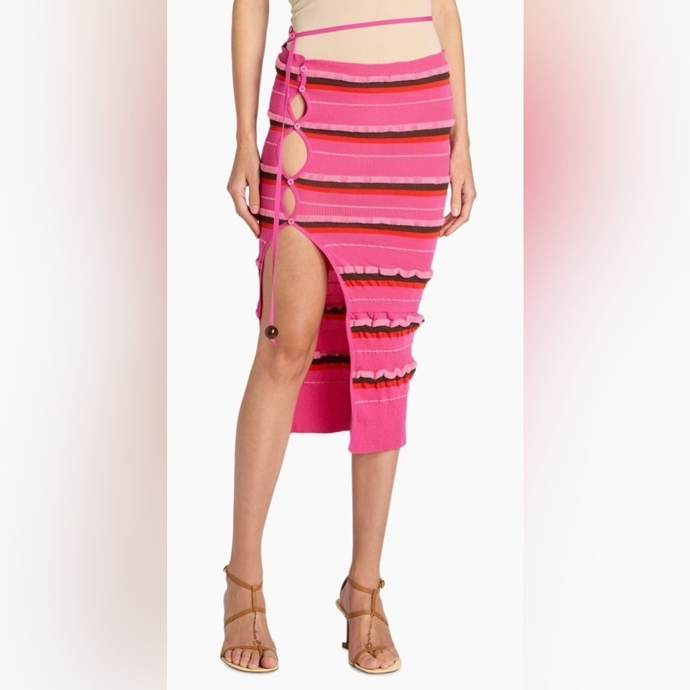 NEW Jacquemus Striped Rib-Knit Midi-Skirt Sz 36 Dark Pink